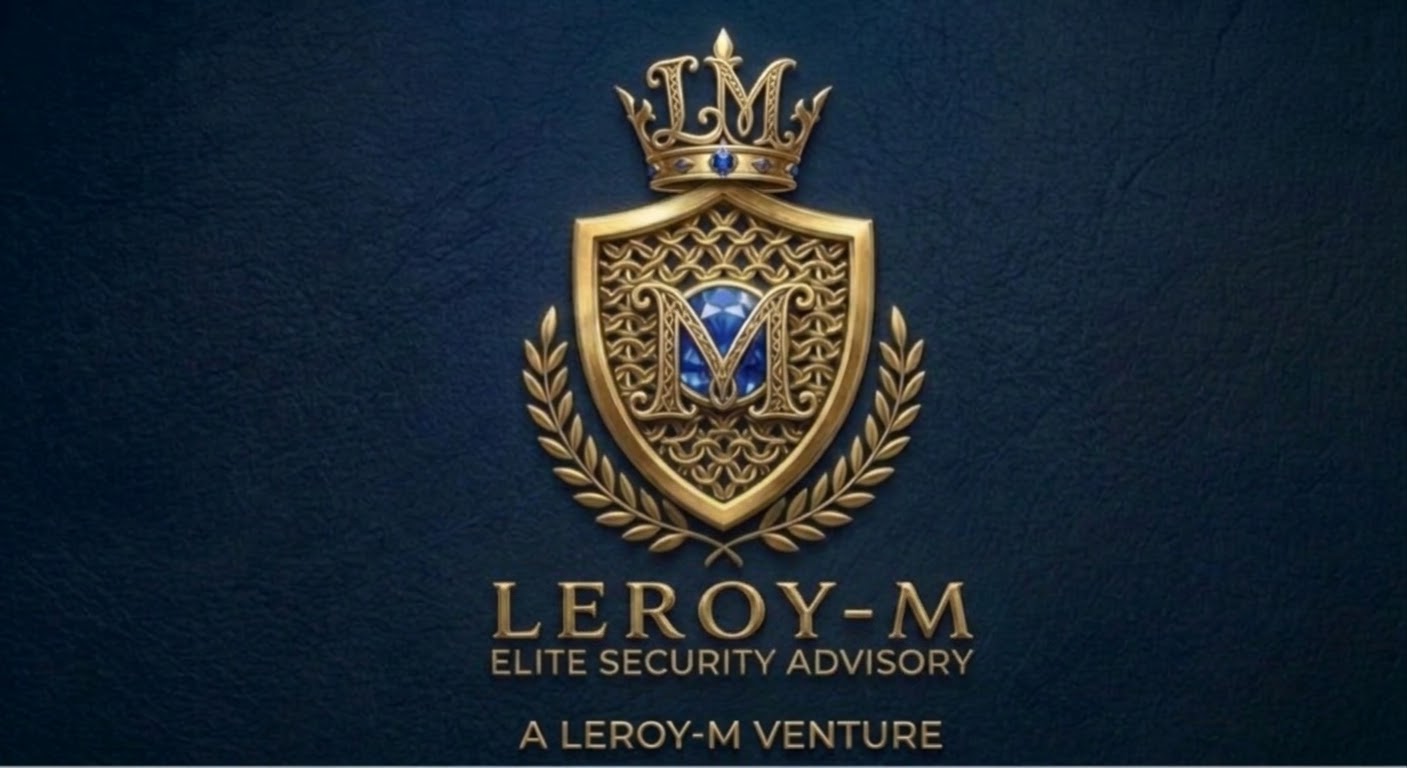 Leroy-M Elite Security Advisory emblem — gold shield with laurel wreath and a blue gemstone