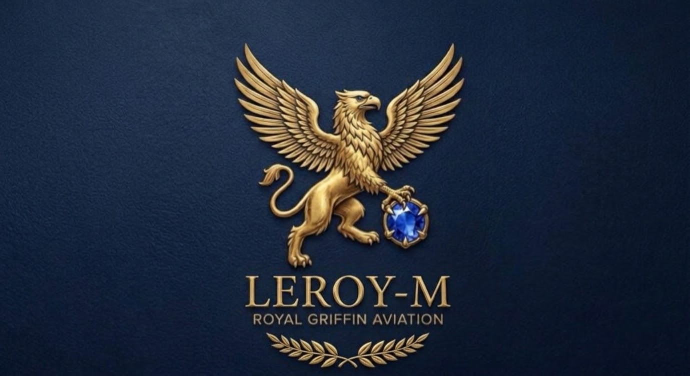 Leroy-M Royal Griffin Aviation emblem — gold winged griffin holding a blue gemstone