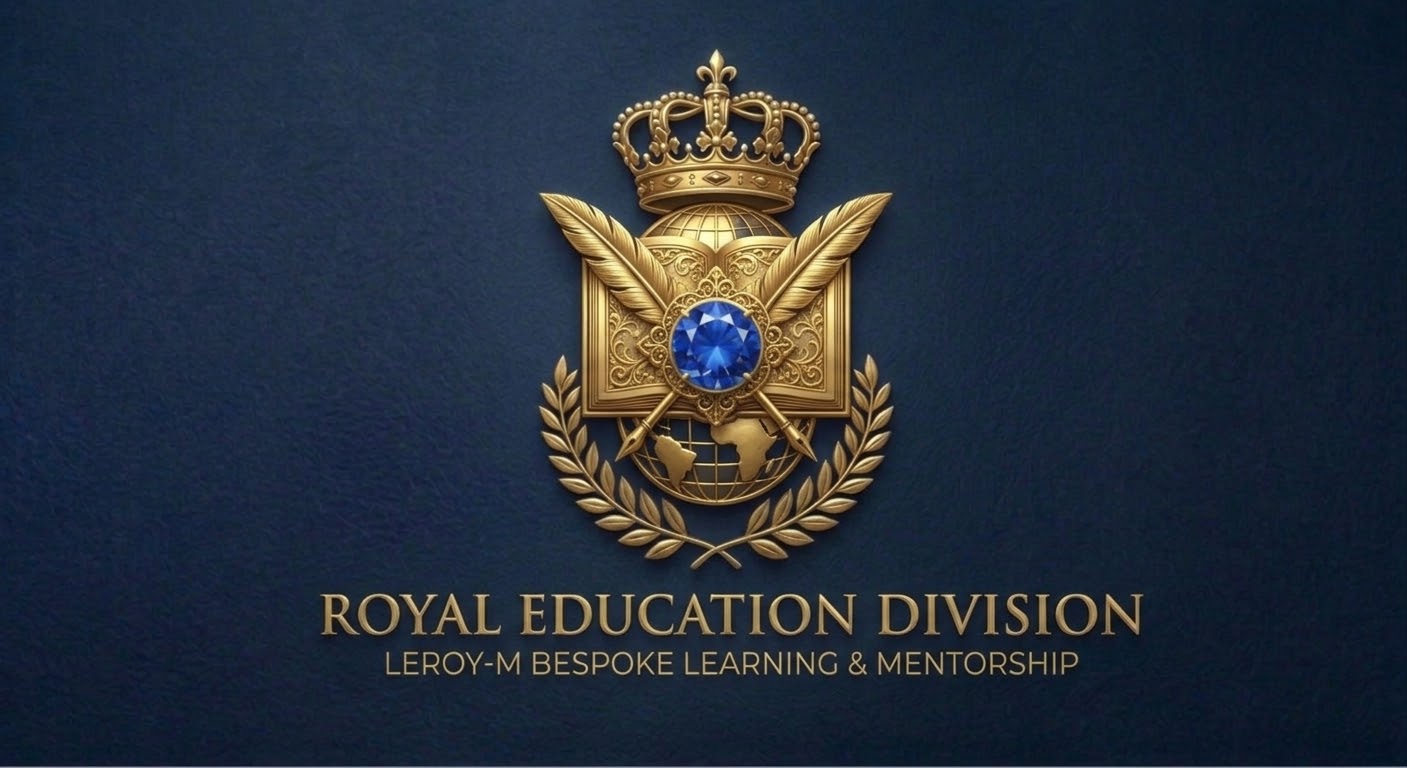 Leroy-M Royal Education Division emblem — crowned gold book and quills with a blue sapphire