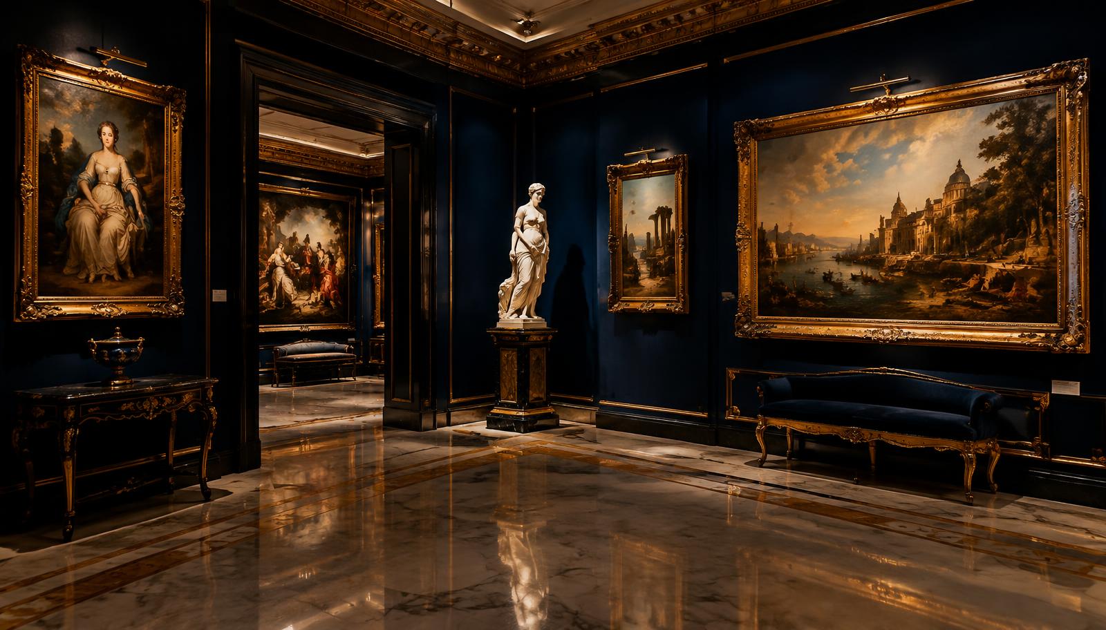 Private art gallery with gilded frames on deep navy walls