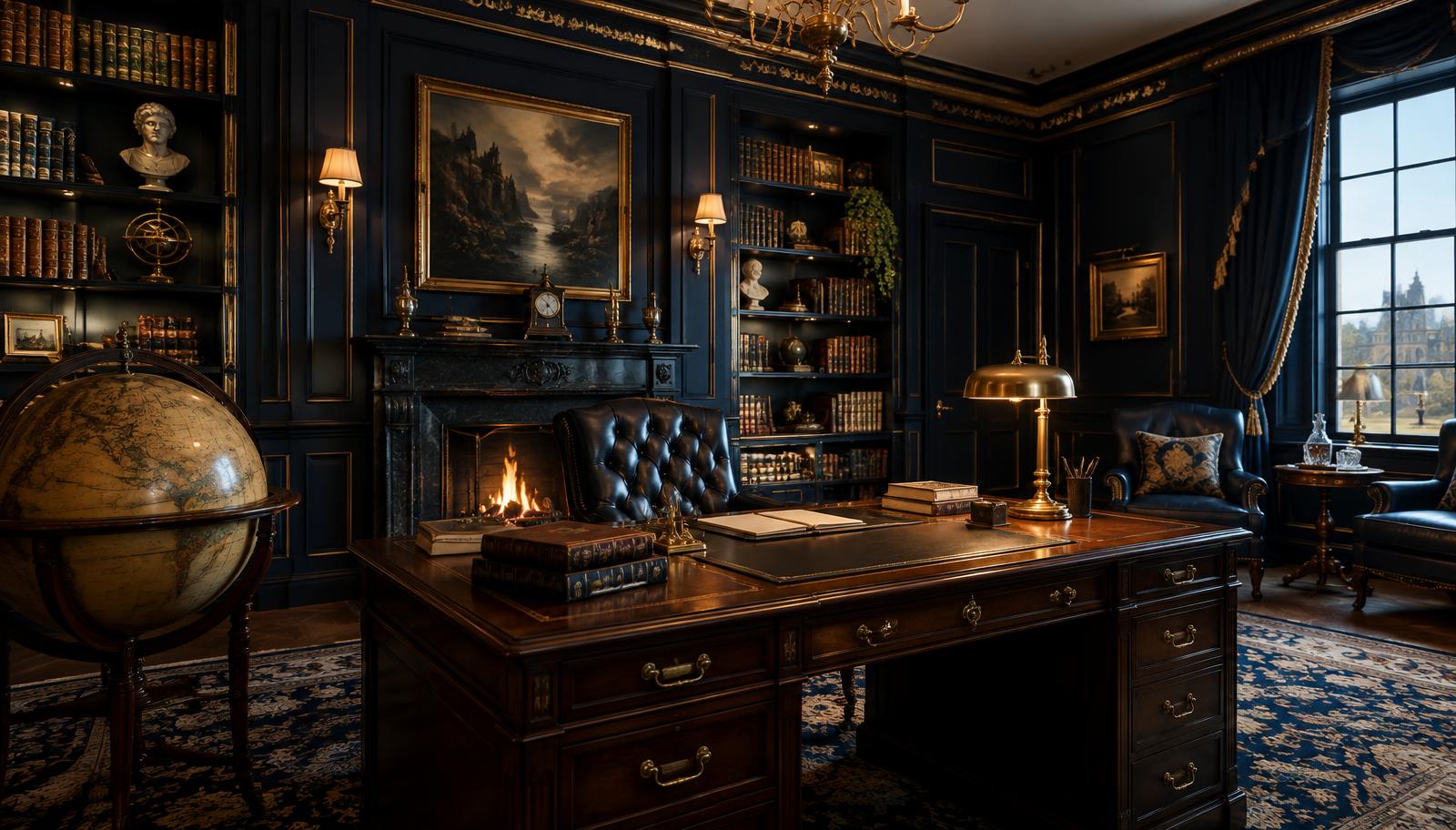 Elegant private library study in navy and gold tones