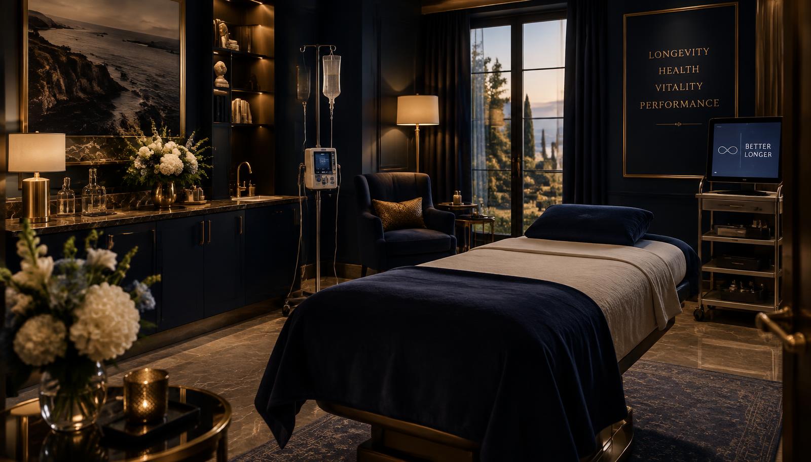 Private wellness suite in a luxury estate in navy and gold tones